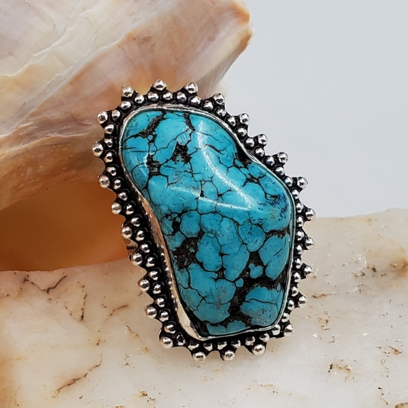 Handmade Artisan Jewelry - Silver Ring Natural Blue Turquoise stone